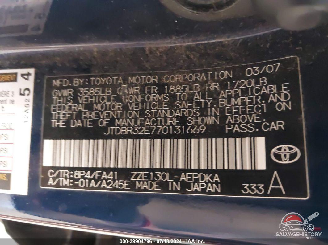 JTDBR32E770131669 2007 TOYOTA COROLLA photo no. 9