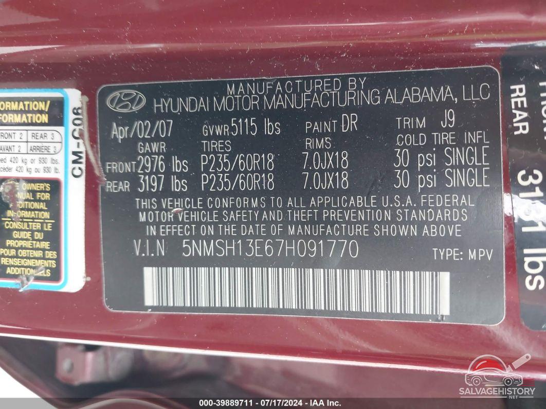 5NMSH13E67H091770 2007 HYUNDAI SANTA FE photo no. 9