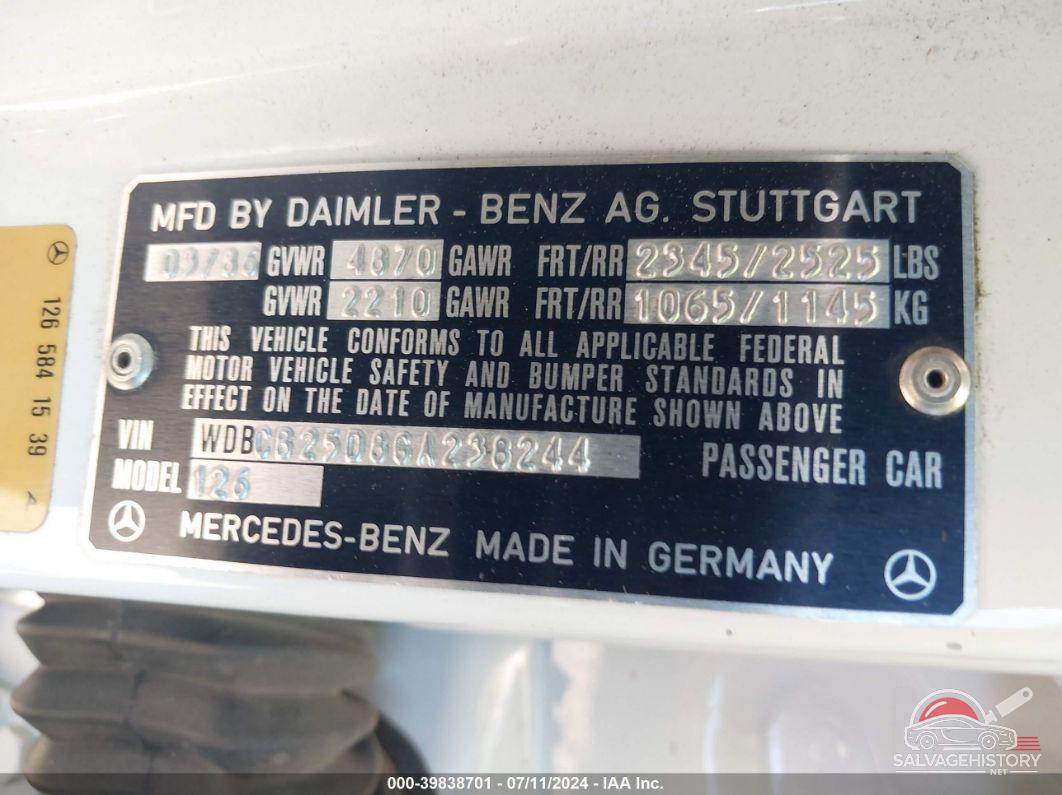 WDBCB25D8GA238244 1986 MERCEDES-BENZ 300 SEL photo no. 9