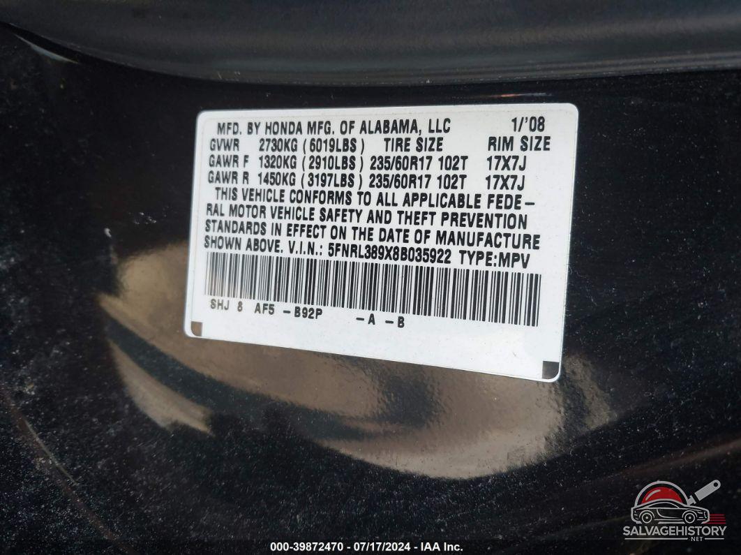 5FNRL389X8B035922 2008 HONDA ODYSSEY photo no. 9
