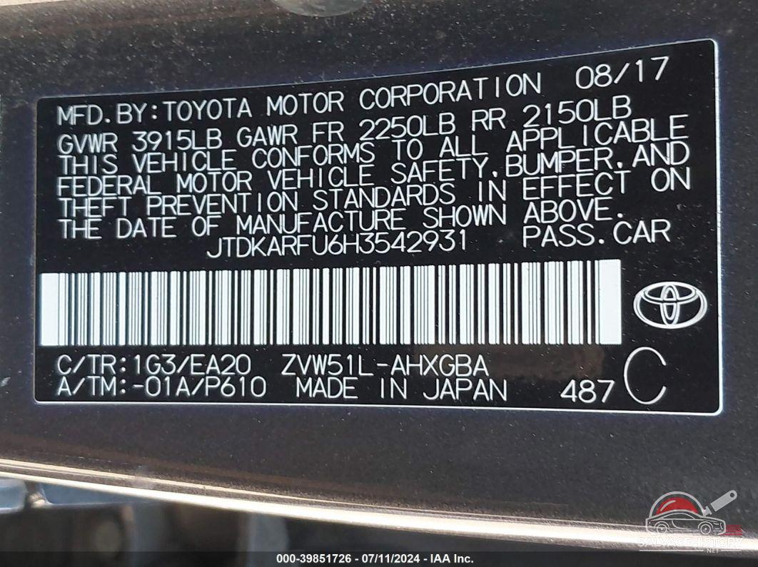 JTDKARFU6H3542931 2017 TOYOTA PRIUS photo no. 9