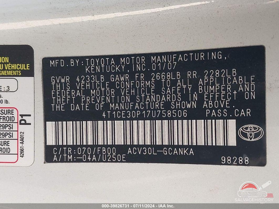 4T1CE30P17U758506 2007 TOYOTA CAMRY SOLARA photo no. 9