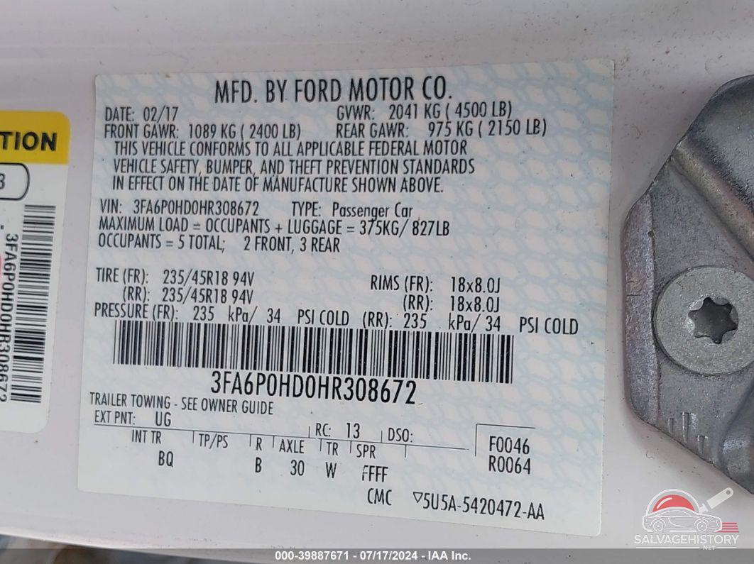 3FA6P0HD0HR308672 2017 FORD FUSION photo no. 9