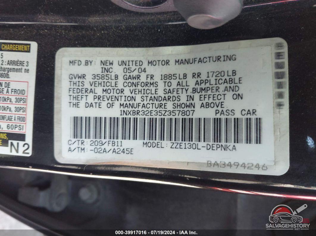 1NXBR32E35Z357807 2005 TOYOTA COROLLA photo no. 9
