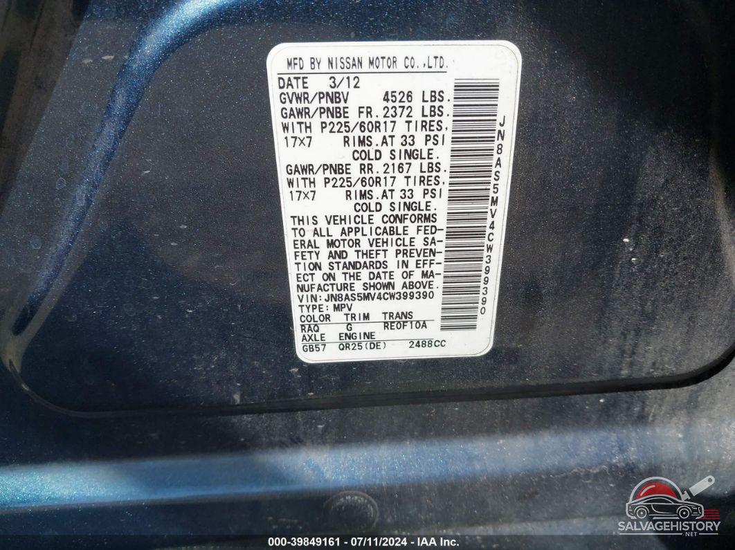 JN8AS5MV4CW399390 2012 NISSAN ROGUE photo no. 9