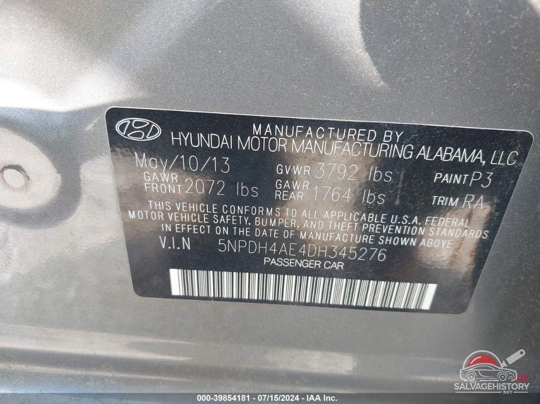 5NPDH4AE4DH345276 2013 HYUNDAI ELANTRA photo no. 9