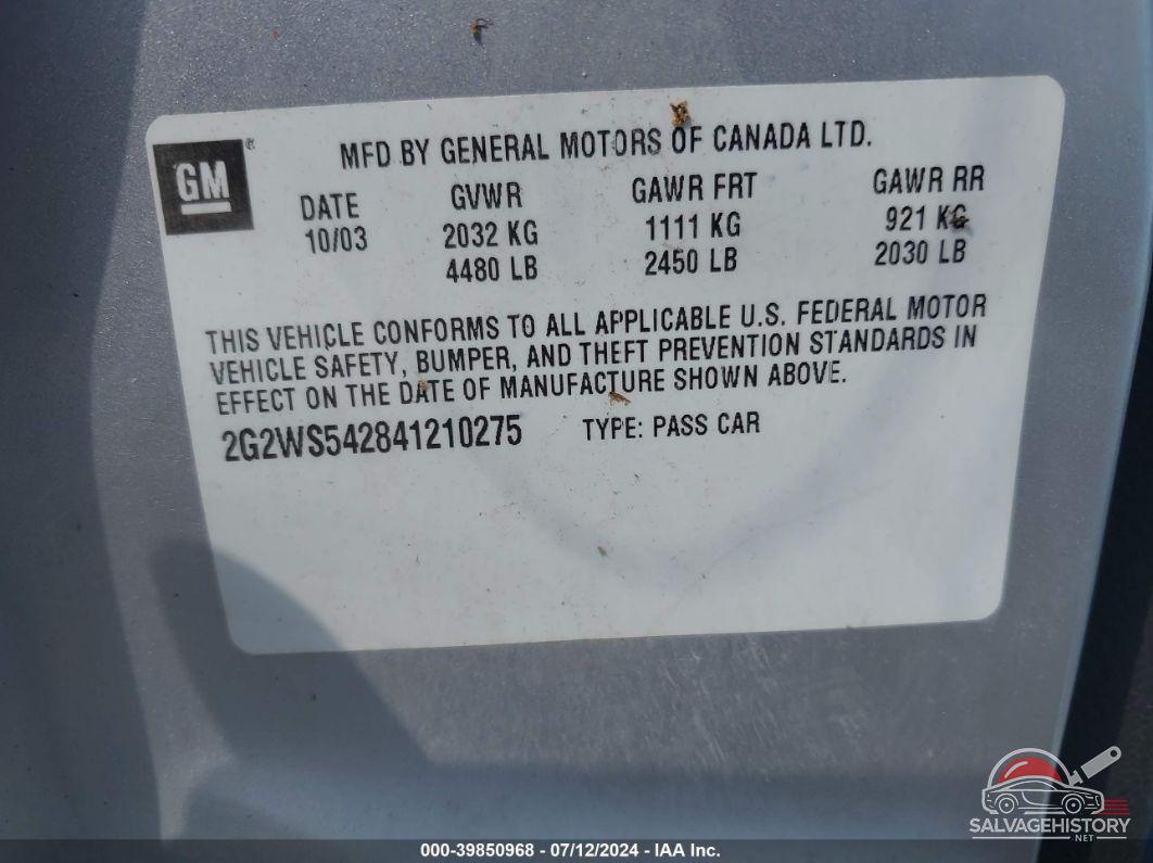 2G2WS542841210275 2004 PONTIAC GRAND PRIX photo no. 9