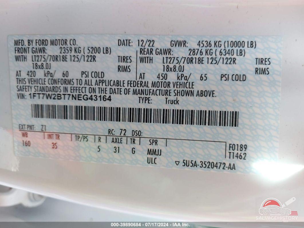 1FT7W2BT7NEG43164 2022 FORD F250 photo no. 9