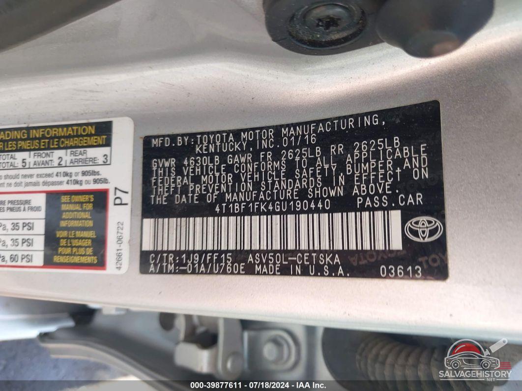 4T1BF1FK4GU190440 2016 TOYOTA CAMRY photo no. 9