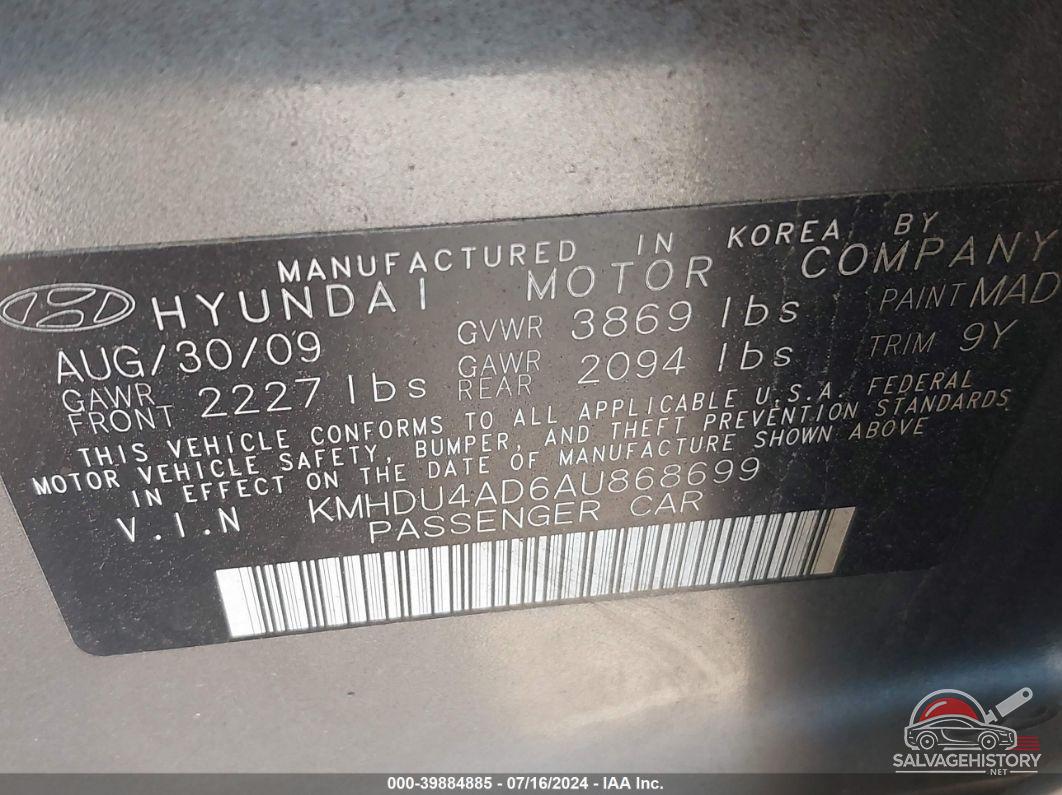 KMHDU4AD6AU868699 2010 HYUNDAI ELANTRA photo no. 9