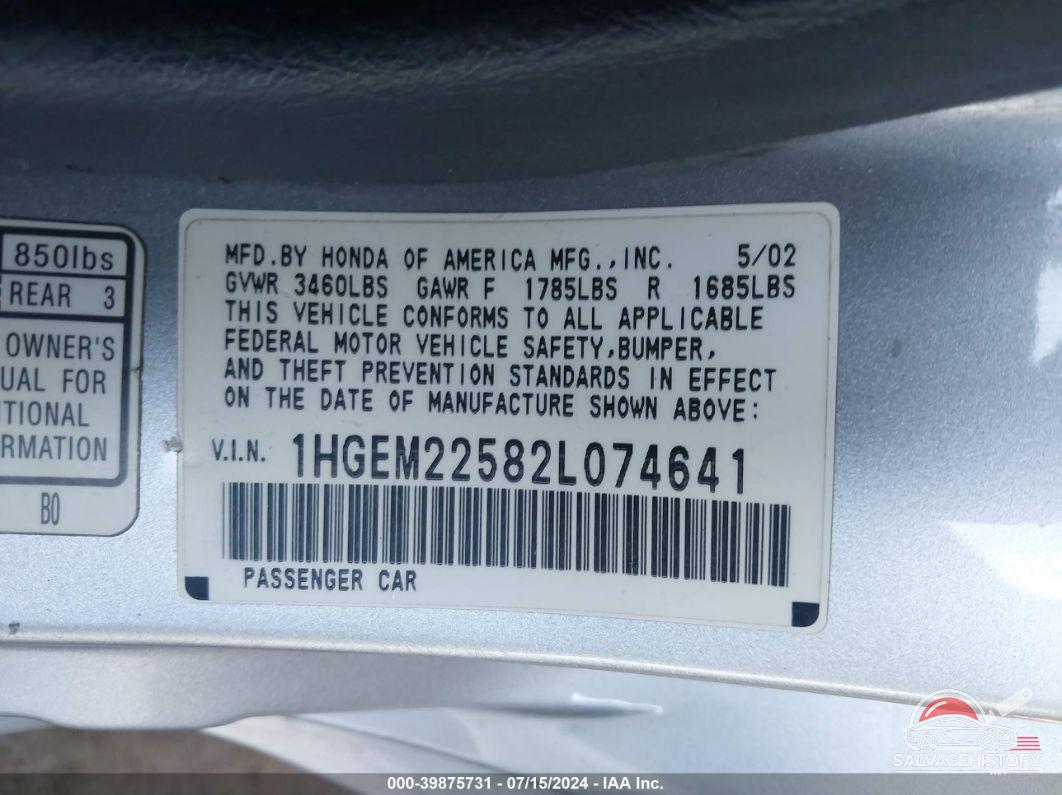 1HGEM22582L074641 2002 HONDA CIVIC photo no. 9