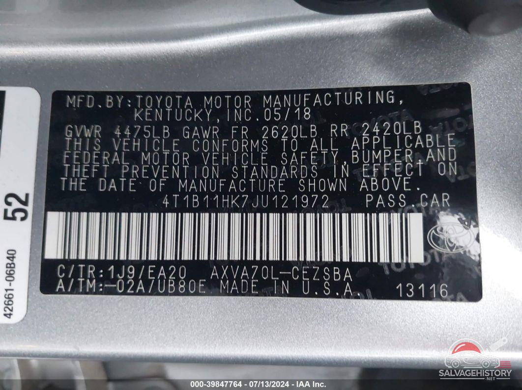 4T1B11HK7JU121972 2018 TOYOTA CAMRY photo no. 9