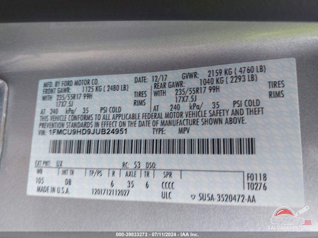 1FMCU9HD9JUB24951 2018 FORD ESCAPE photo no. 9