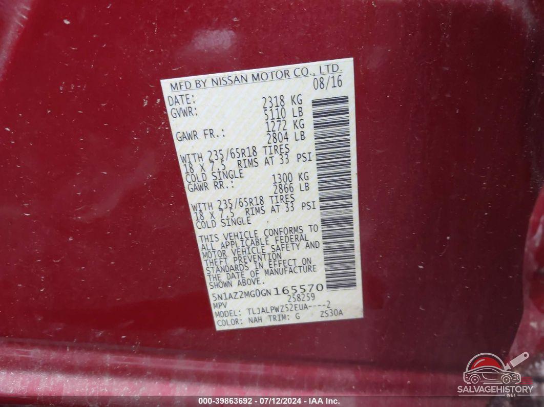 5N1AZ2MG0GN165570 2016 NISSAN MURANO photo no. 9