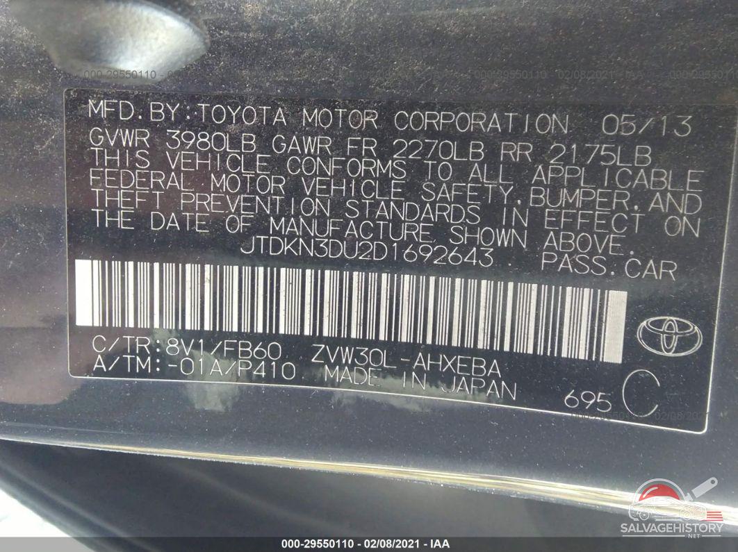 JTDKN3DU2D1692643 2013 TOYOTA PRIUS photo no. 9