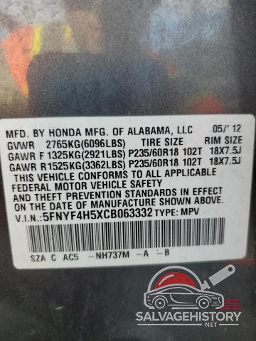 5FNYF4H5XCB063332 2012 HONDA PILOT photo no. 13