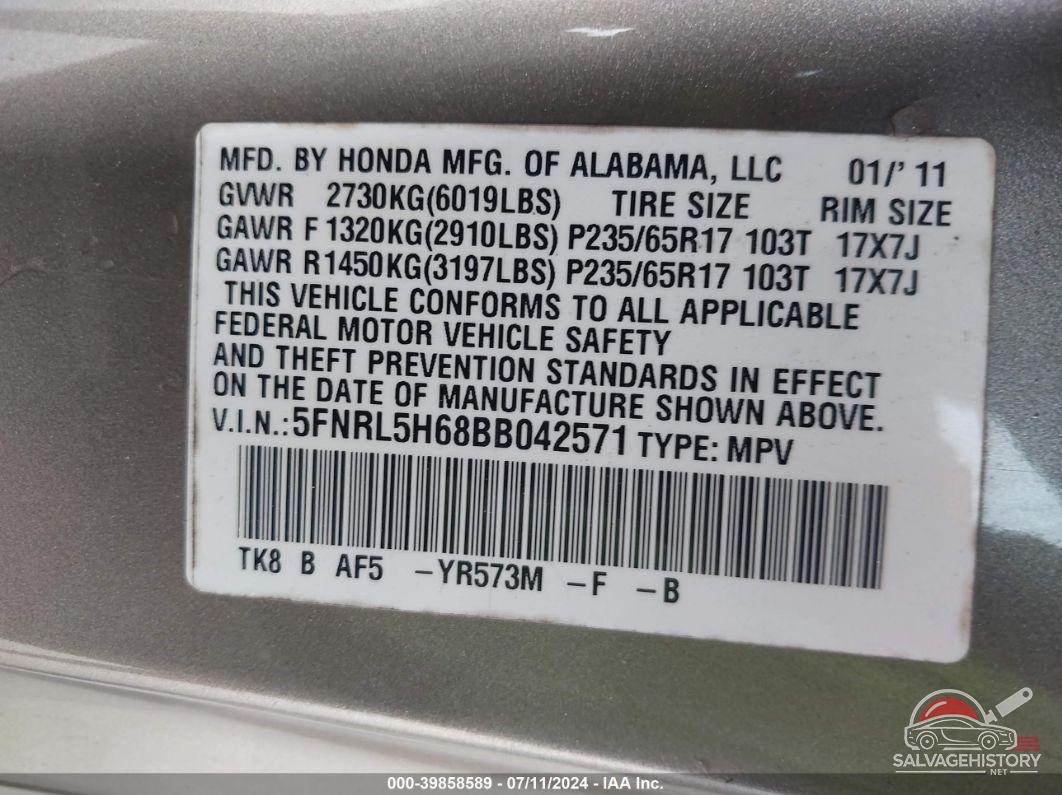 5FNRL5H68BB042571 2011 HONDA ODYSSEY photo no. 9