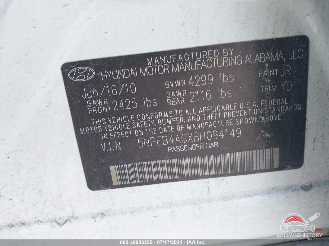 5NPEB4ACXBH094149 2011 HYUNDAI SONATA photo no. 9