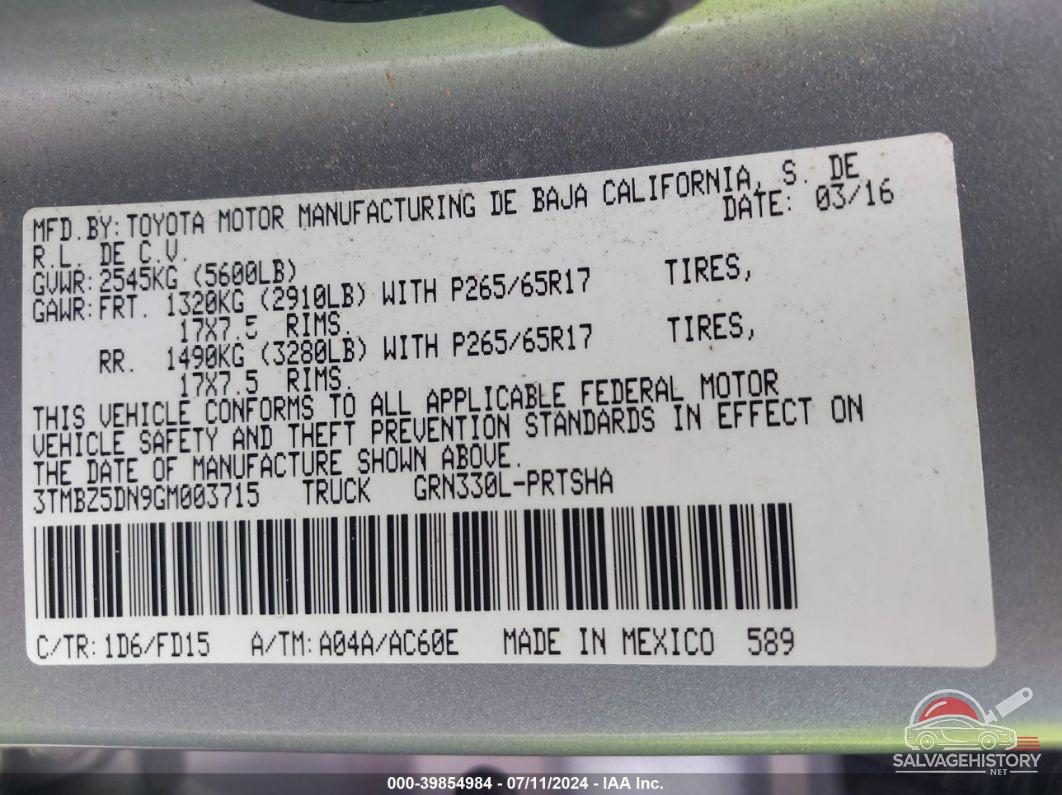 3TMBZ5DN9GM003715 2016 TOYOTA TACOMA photo no. 9