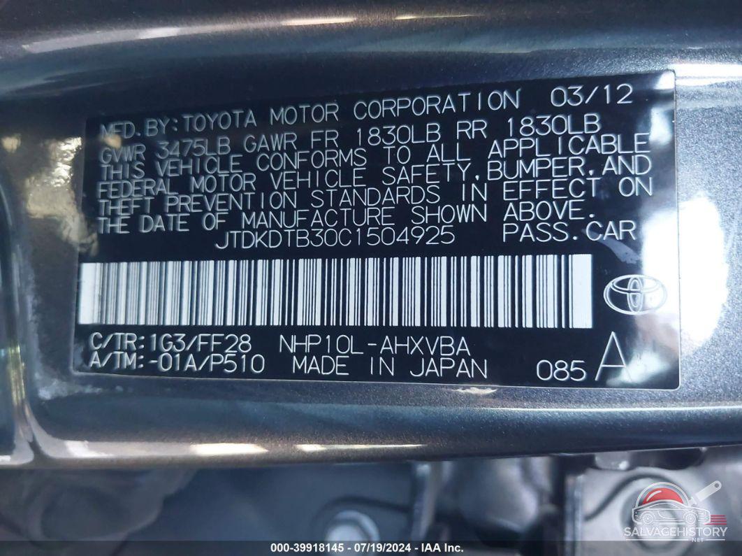 JTDKDTB30C1504925 2012 TOYOTA PRIUS C photo no. 9