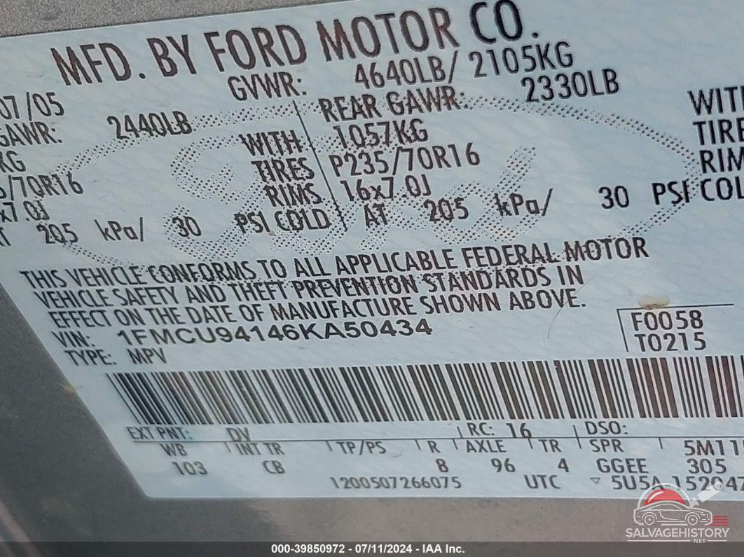 1FMCU94146KA50434 2006 FORD ESCAPE photo no. 9