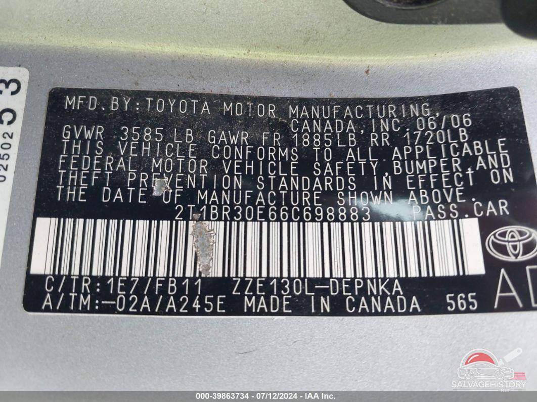 2T1BR30E66C698883 2006 TOYOTA COROLLA photo no. 9