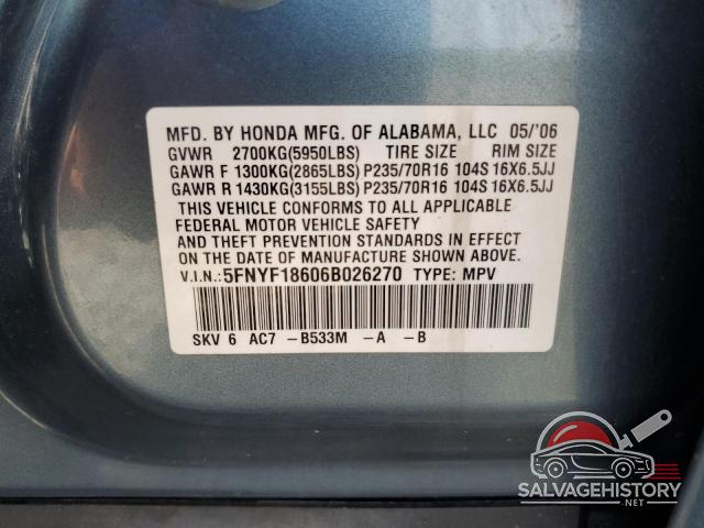 5FNYF18606B026270 2006 HONDA PILOT photo no. 13