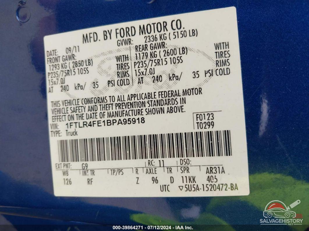 1FTLR4FE1BPA95918 2011 FORD RANGER photo no. 9