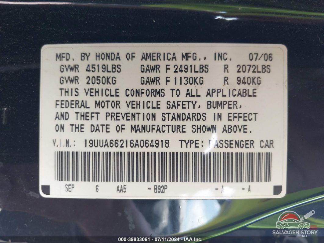 19UUA66216A064918 2006 ACURA TL photo no. 9