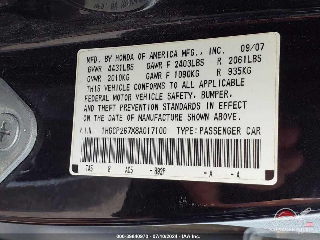 1HGCP267X8A017100 2008 HONDA ACCORD photo no. 9