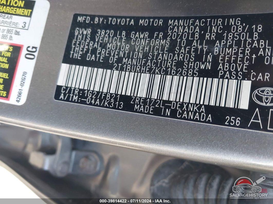 2T1BURHE7KC162685 2019 TOYOTA COROLLA photo no. 9