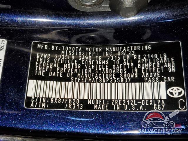 5YFEPMAE8NP355837 2022 TOYOTA COROLLA photo no. 12