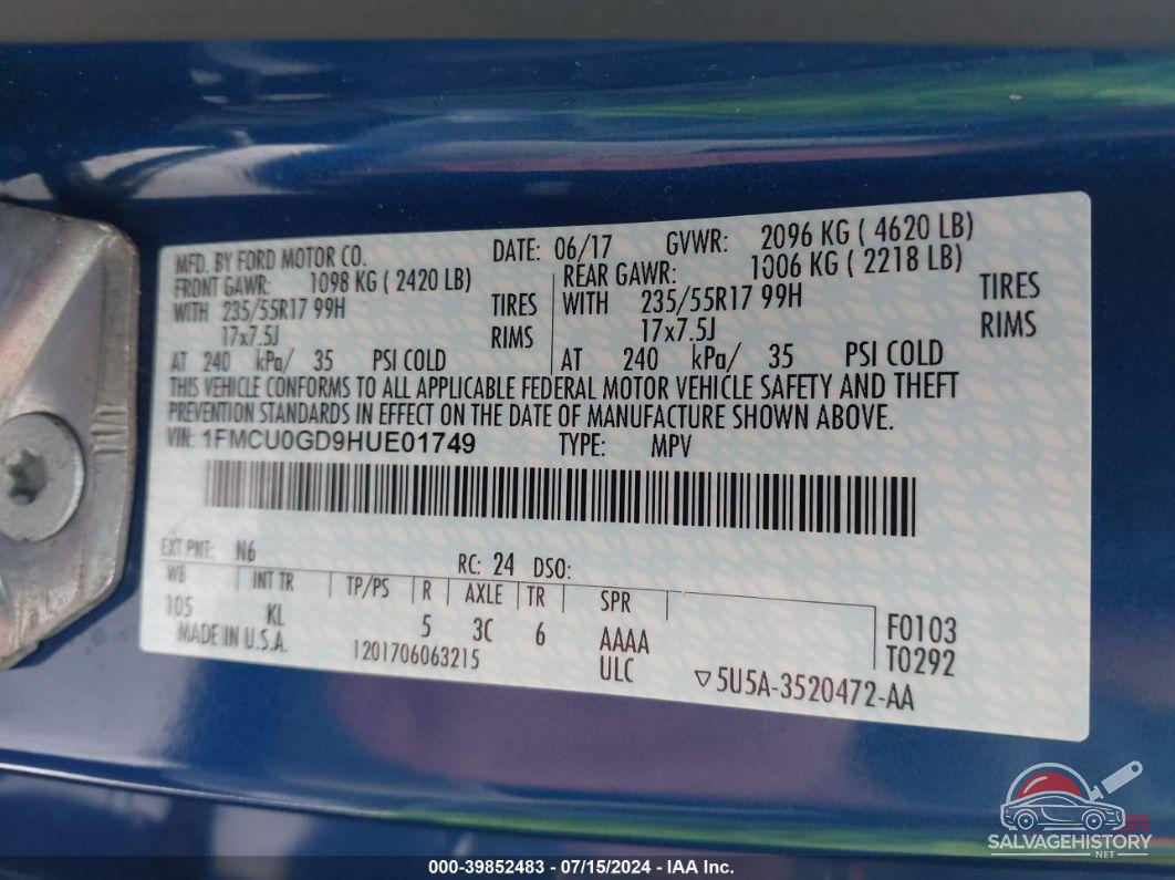 1FMCU0GD9HUE01749 2017 FORD ESCAPE photo no. 9