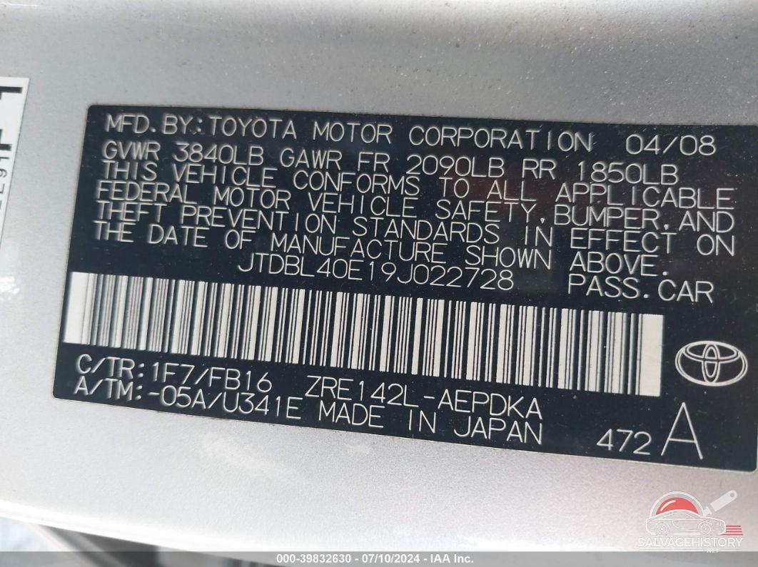 JTDBL40E19J022728 2009 TOYOTA COROLLA photo no. 9