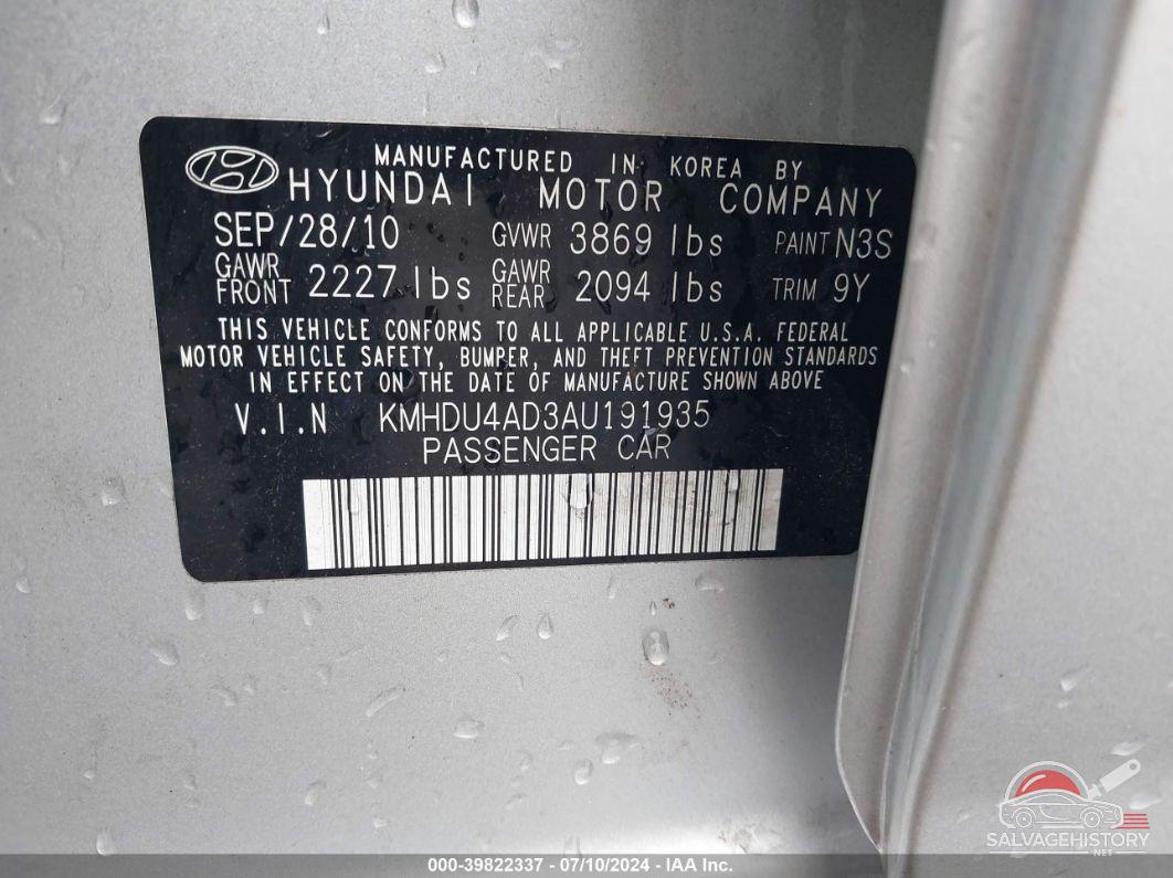 KMHDU4AD3AU191935 2010 HYUNDAI ELANTRA photo no. 9
