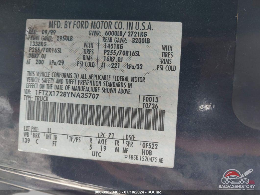 1FTZX1728YNA35707 2000 FORD F-150 photo no. 9