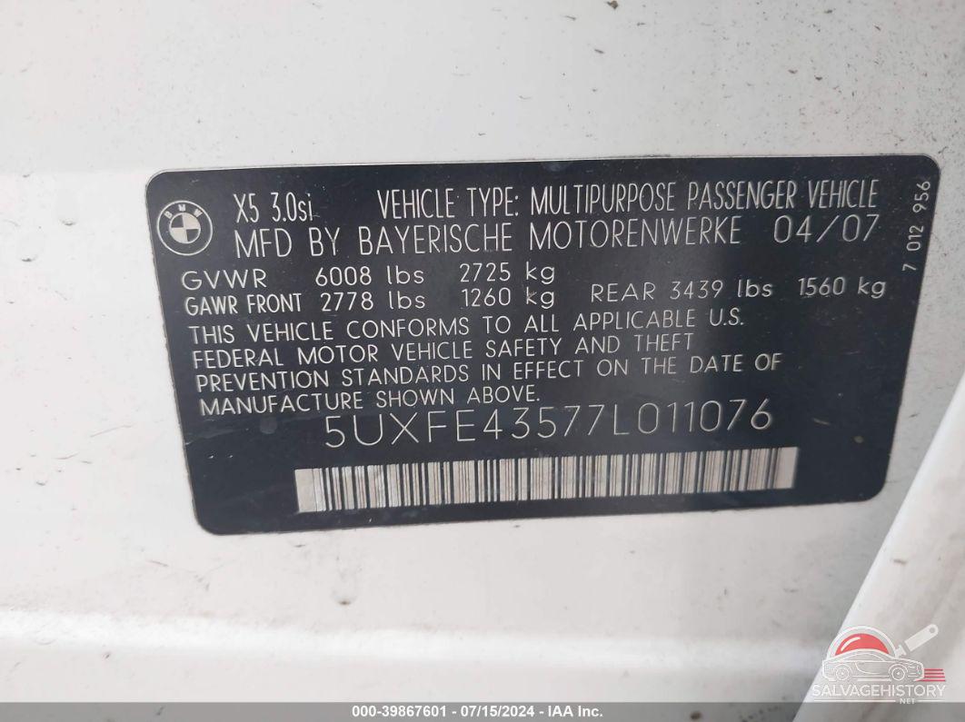 5UXFE43577L011076 2007 BMW X5 photo no. 9