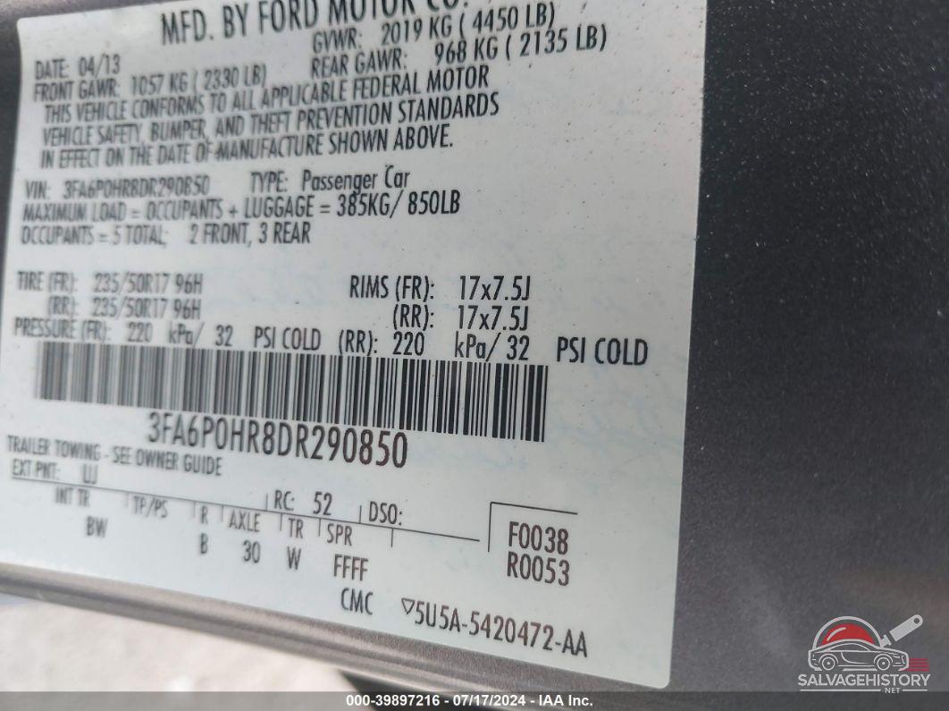 3FA6P0HR8DR290850 2013 FORD FUSION photo no. 9
