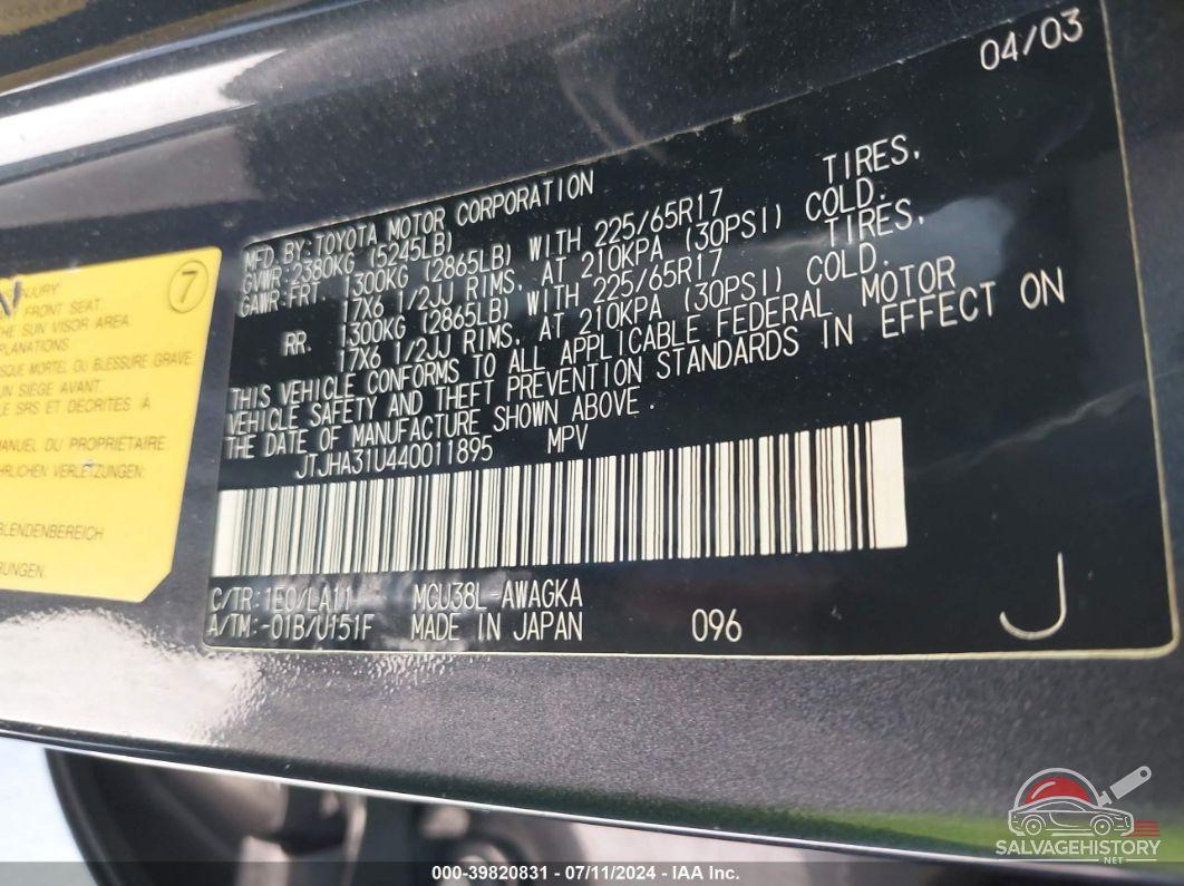JTJHA31U440011895 2004 LEXUS RX photo no. 9