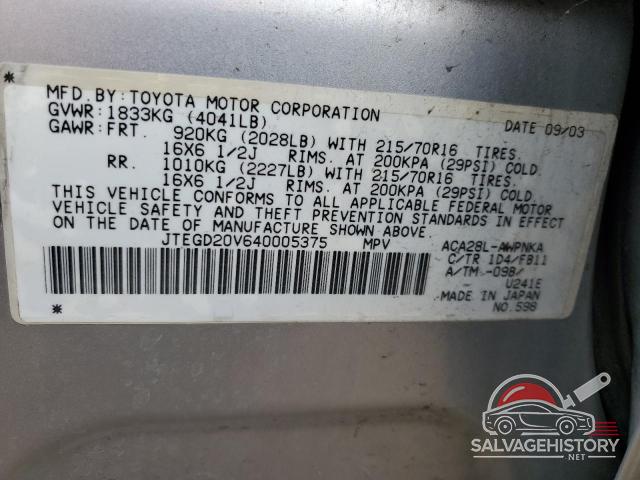 JTEGD20V640005375 2004 TOYOTA RAV4 photo no. 14