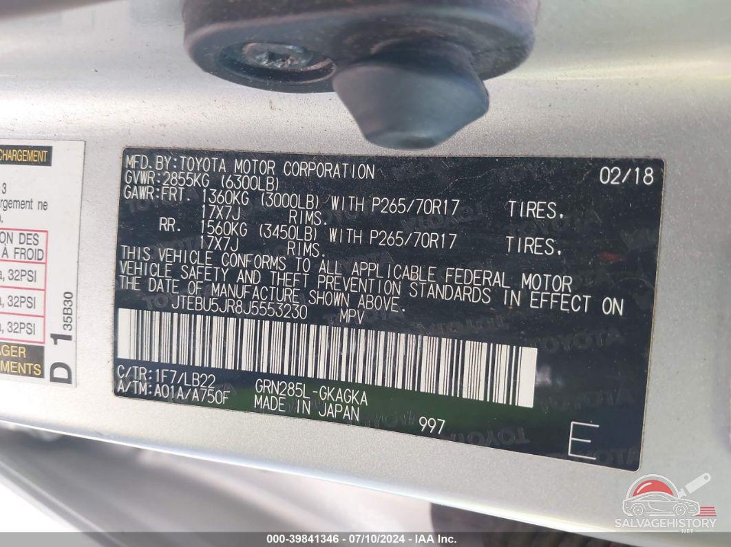 JTEBU5JR8J5553230 2018 TOYOTA 4RUNNER photo no. 9
