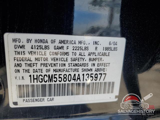 1HGCM55804A135977 2004 HONDA ACCORD photo no. 12