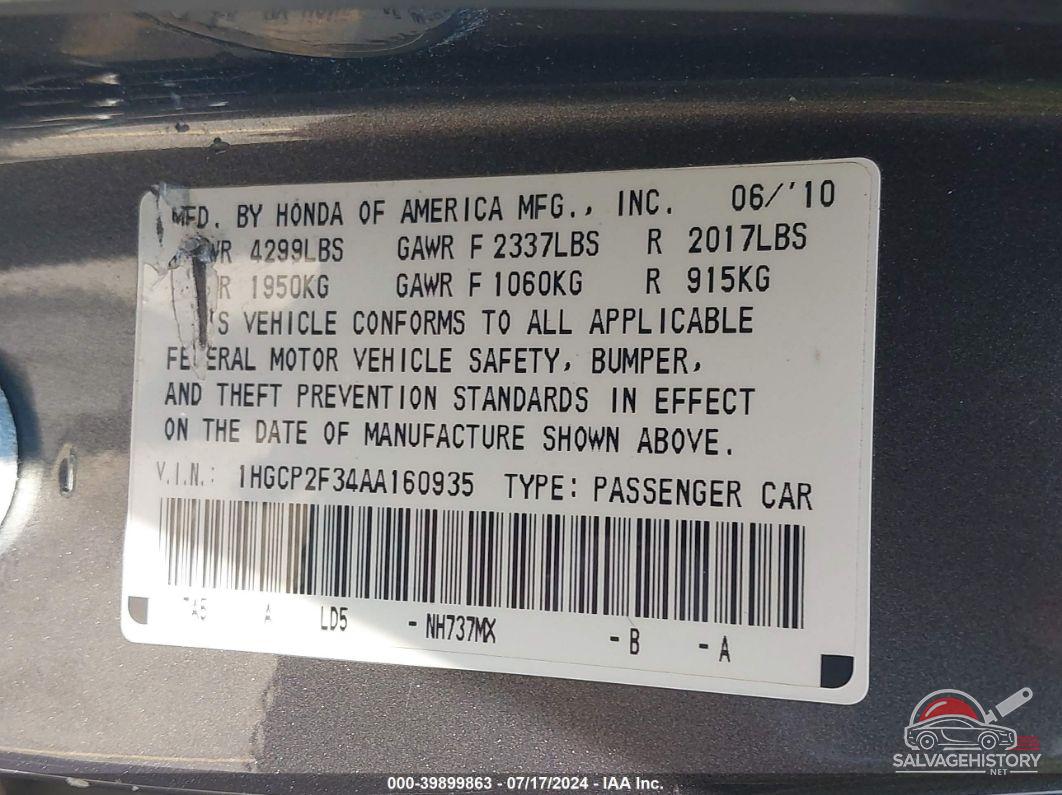 1HGCP2F34AA160935 2010 HONDA ACCORD photo no. 9