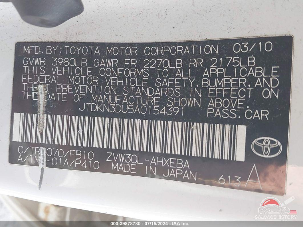 JTDKN3DU5A0154391 2010 TOYOTA PRIUS photo no. 9