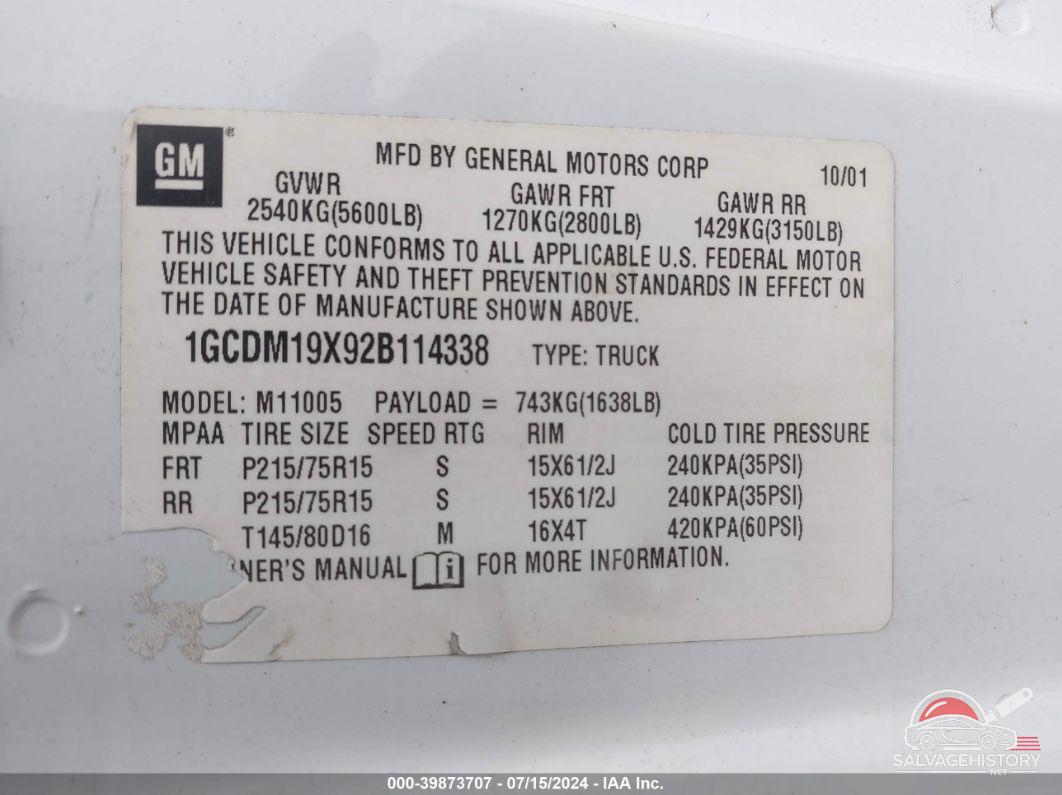 1GCDM19X92B114338 2002 CHEVROLET ASTRO photo no. 9