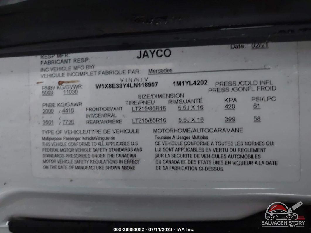 W1X8E33Y4LN118907 2020 MERCEDES SPRINTER 3500XD JAYCO MOTOR HOME photo no. 9
