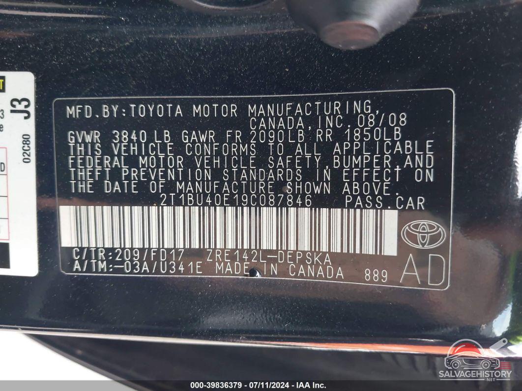 2T1BU40E19C087846 2009 TOYOTA COROLLA photo no. 9