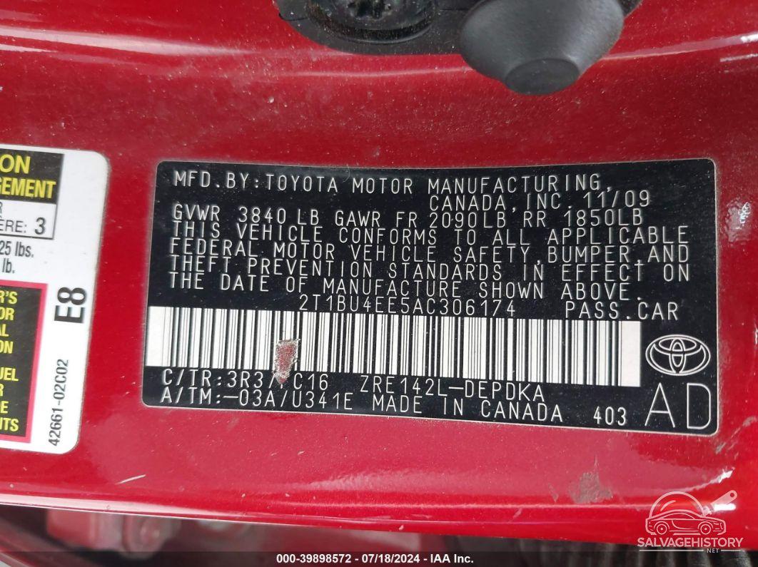 2T1BU4EE5AC306174 2010 TOYOTA COROLLA photo no. 9