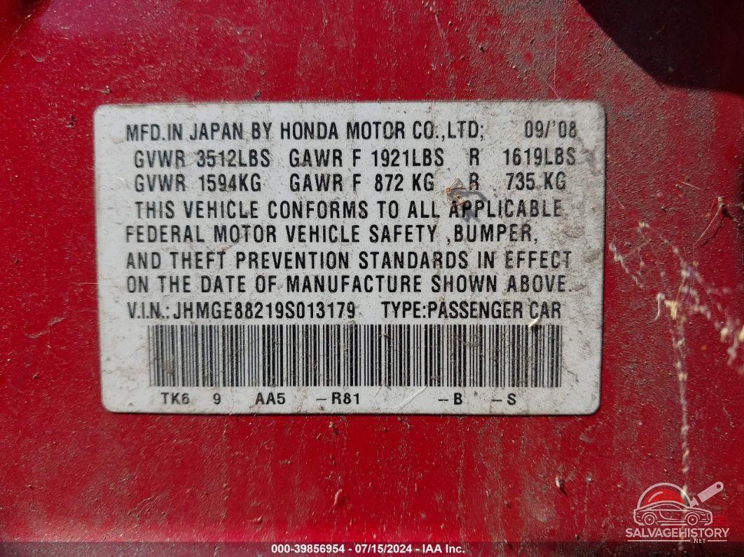 JHMGE88219S013179 2009 HONDA FIT photo no. 9