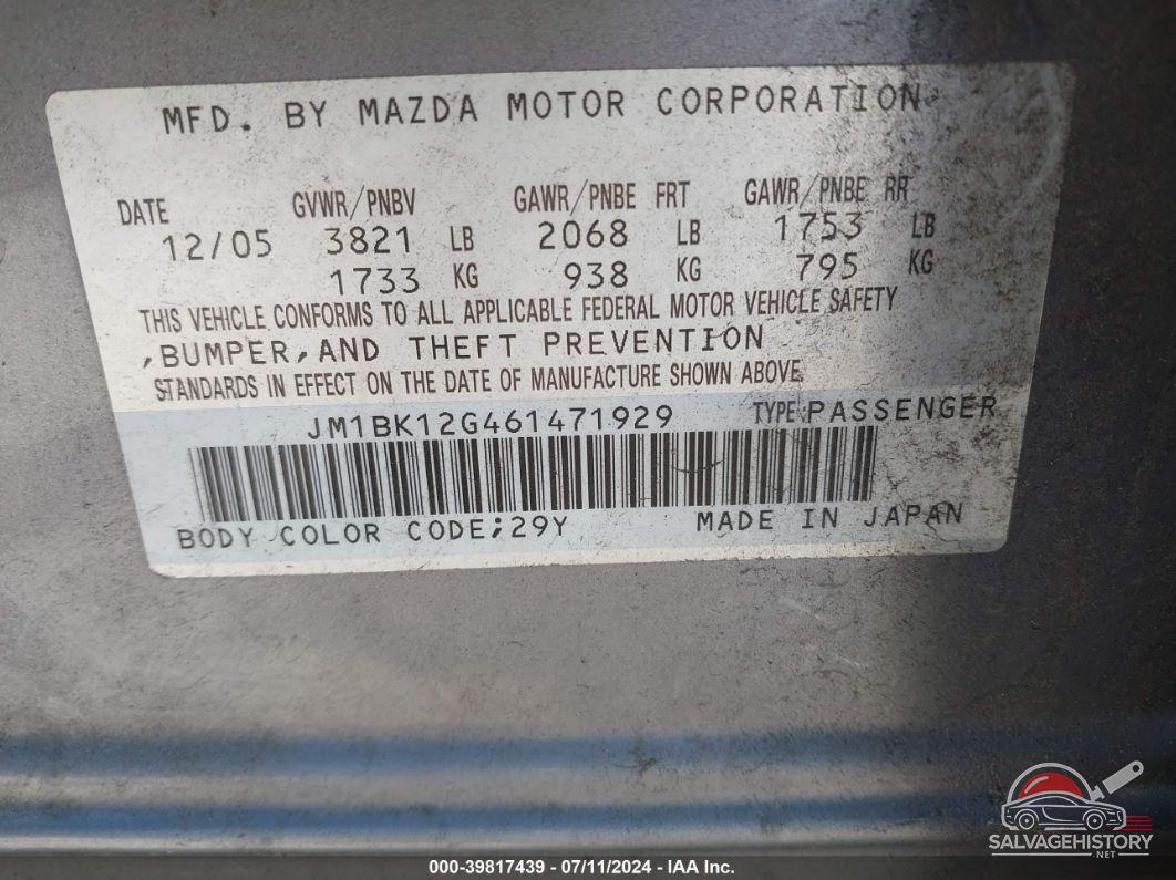 JM1BK12G461471929 2006 MAZDA MAZDA3 photo no. 9